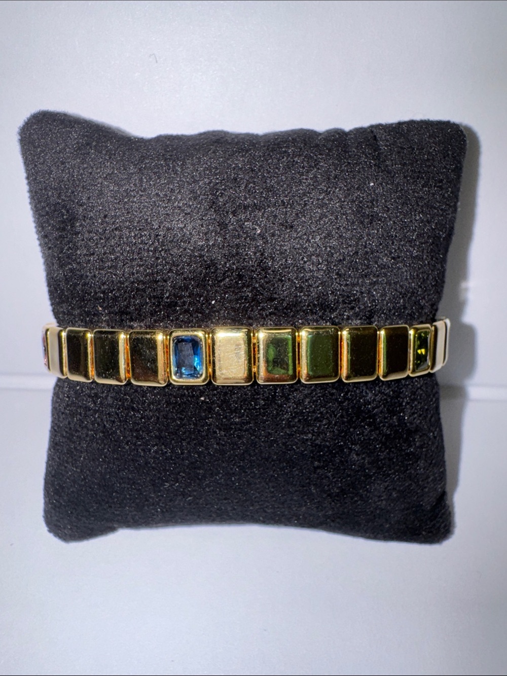 Gold Tone Multi-Stone Stretch Bracelet - Blue & Green Accents